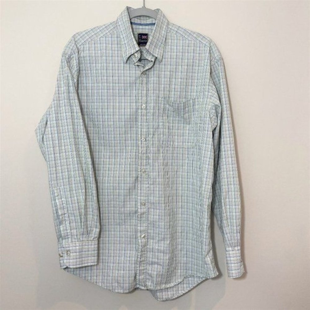 T. Harris Men's Large 100%‎ Cotton Long Sleeve Button Down Plaid Shirt